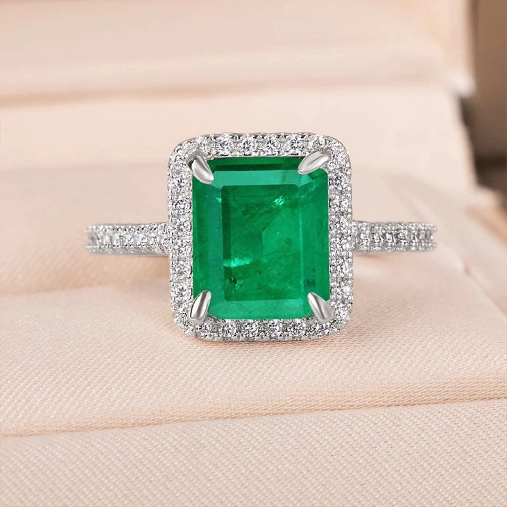CZ Emerald Ring, Green Stone Statement Solitaire Ring, Birthstone Halo Ring